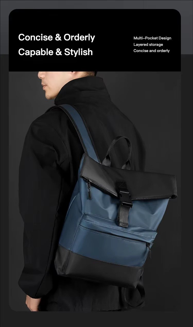 'S Large Capacity Roll Top Backpack Casual College Students Schoolbag Spliced Color Waterproof PU Travel Laptop Backpacks detail image