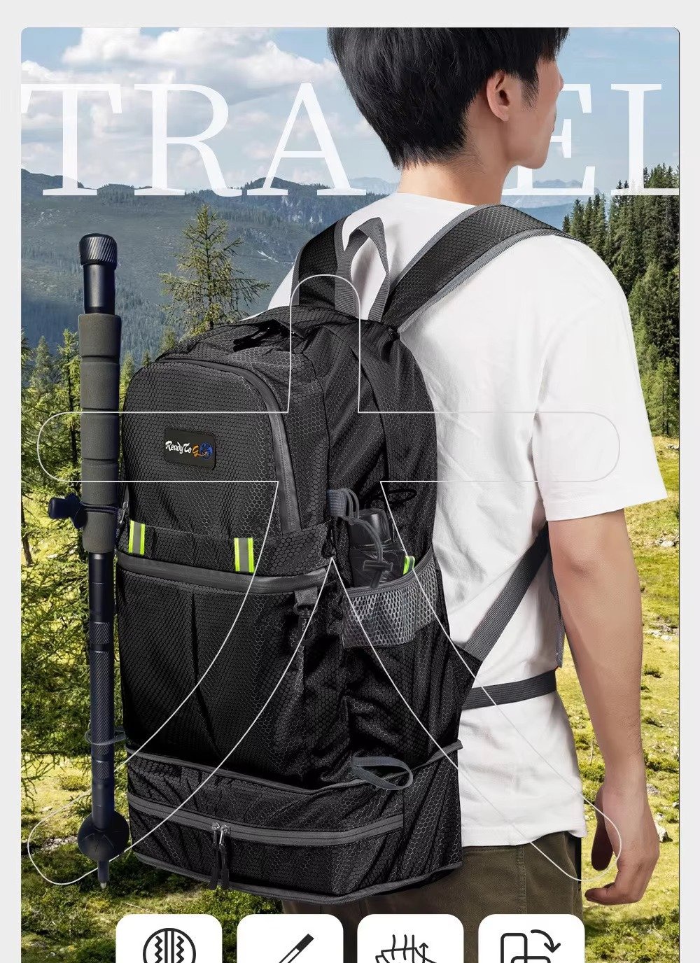 Custom Oxford Hiking Backpack 20-37L with Expandable Shoe Pocket – Foldable Outdoor Travel Bag product detail