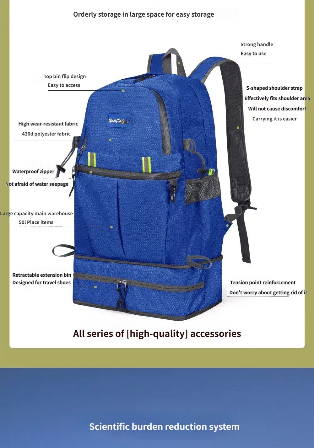 Custom Oxford Hiking Backpack 20-37L with Expandable Shoe Pocket – Foldable Outdoor Travel Bag product detail
