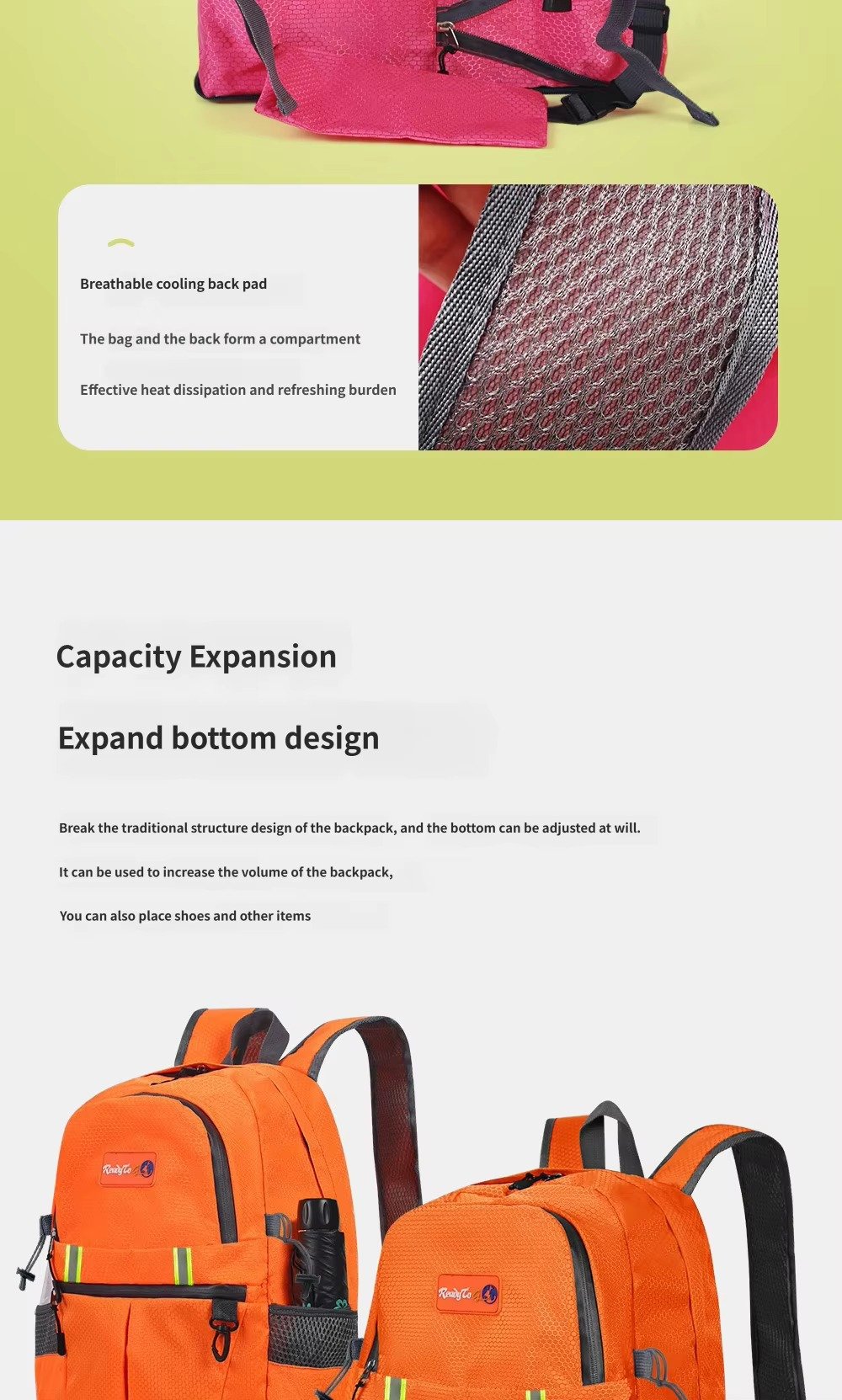 Custom Oxford Hiking Backpack 20-37L with Expandable Shoe Pocket – Foldable Outdoor Travel Bag product detail