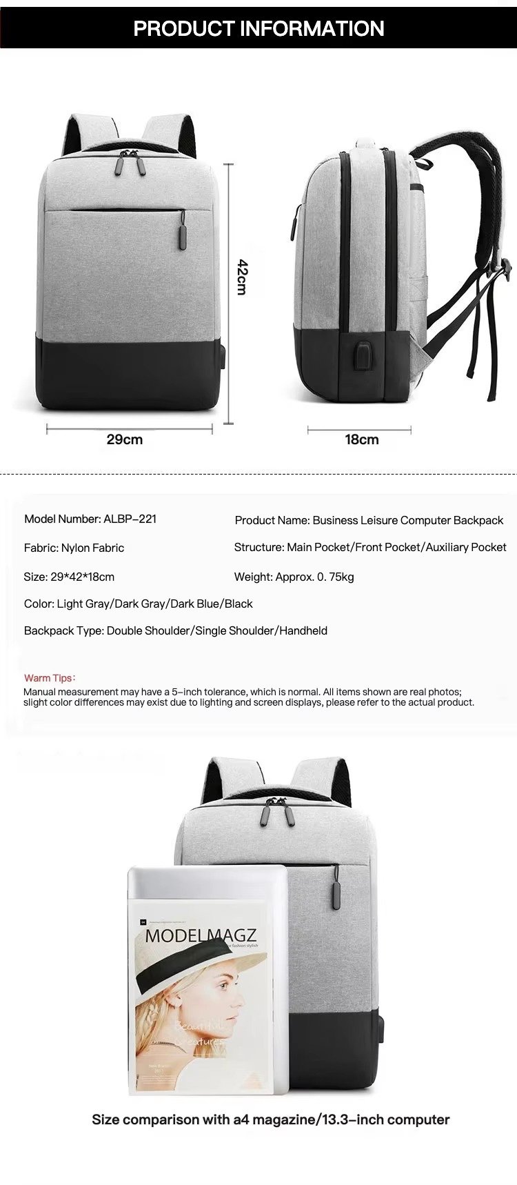 Custom Nylon Business Laptop Backpack with USB Charging Port – Daypack for Work & Commute product detail