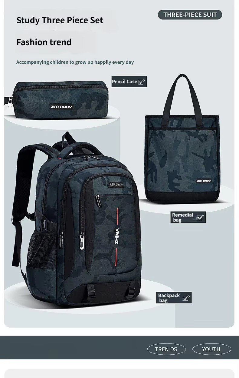 Custom High Quality Three-piece Set Camouflage Backpack Durable Children's Schoolbag for Boys Girls Middle High School Students product detail