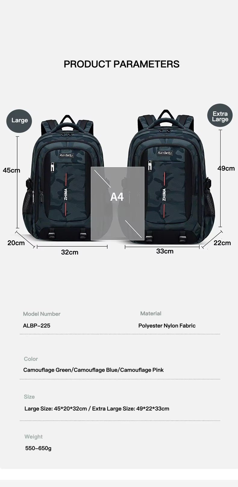 Custom High Quality Three-piece Set Camouflage Backpack Durable Children's Schoolbag for Boys Girls Middle High School Students product detail