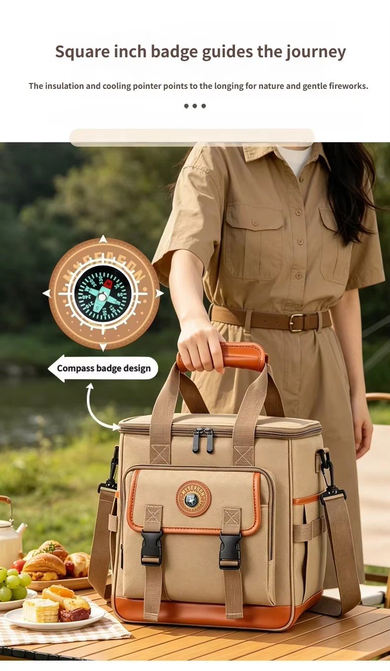 Large Capacity Compass Badge Design Insulated Cooler Lunch Bag with Picnic Mat Strap Thermal Insulated Bag for Picnic Hiking product detail