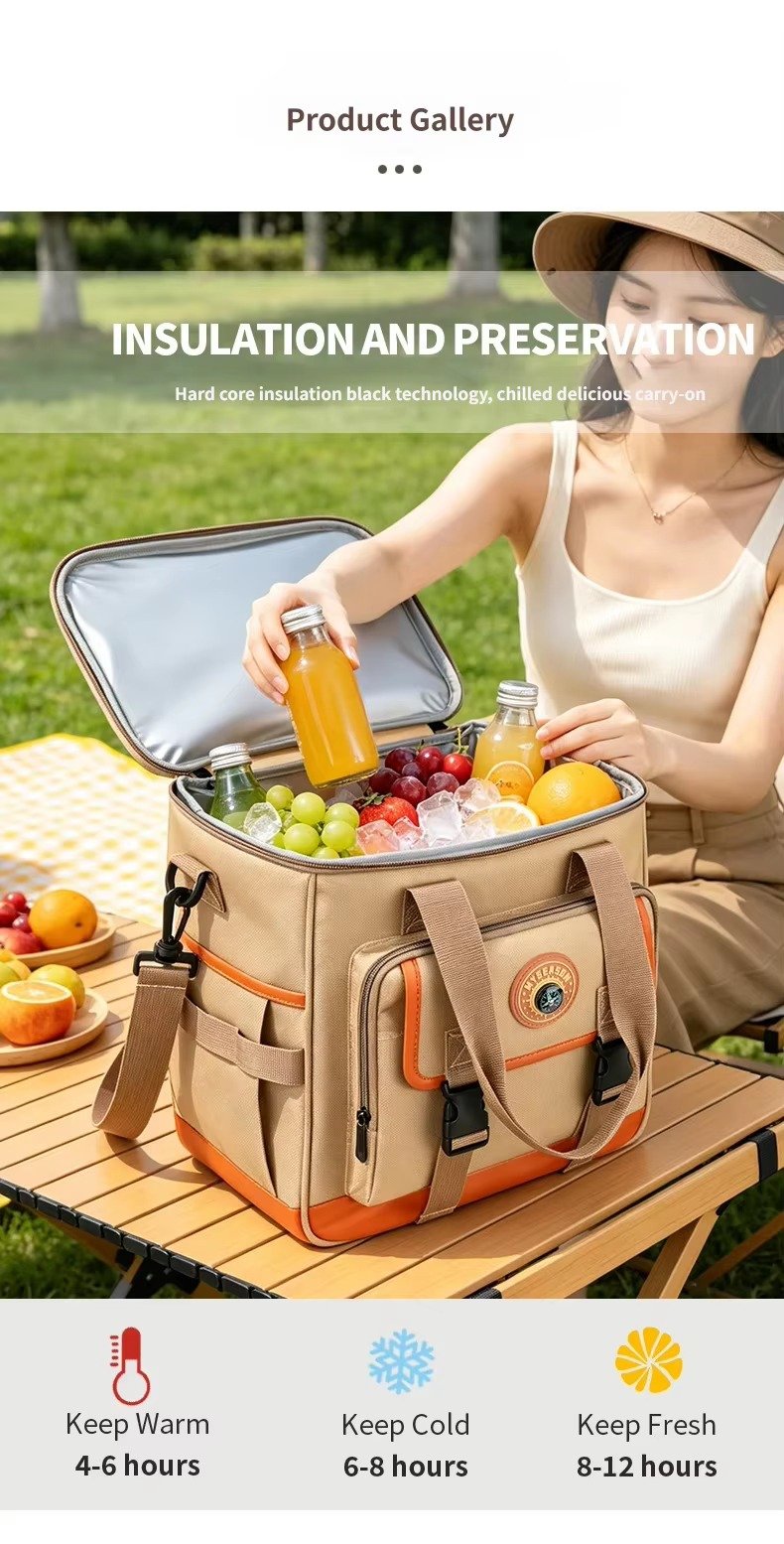 Large Capacity Compass Badge Design Insulated Cooler Lunch Bag with Picnic Mat Strap Thermal Insulated Bag for Picnic Hiking product detail