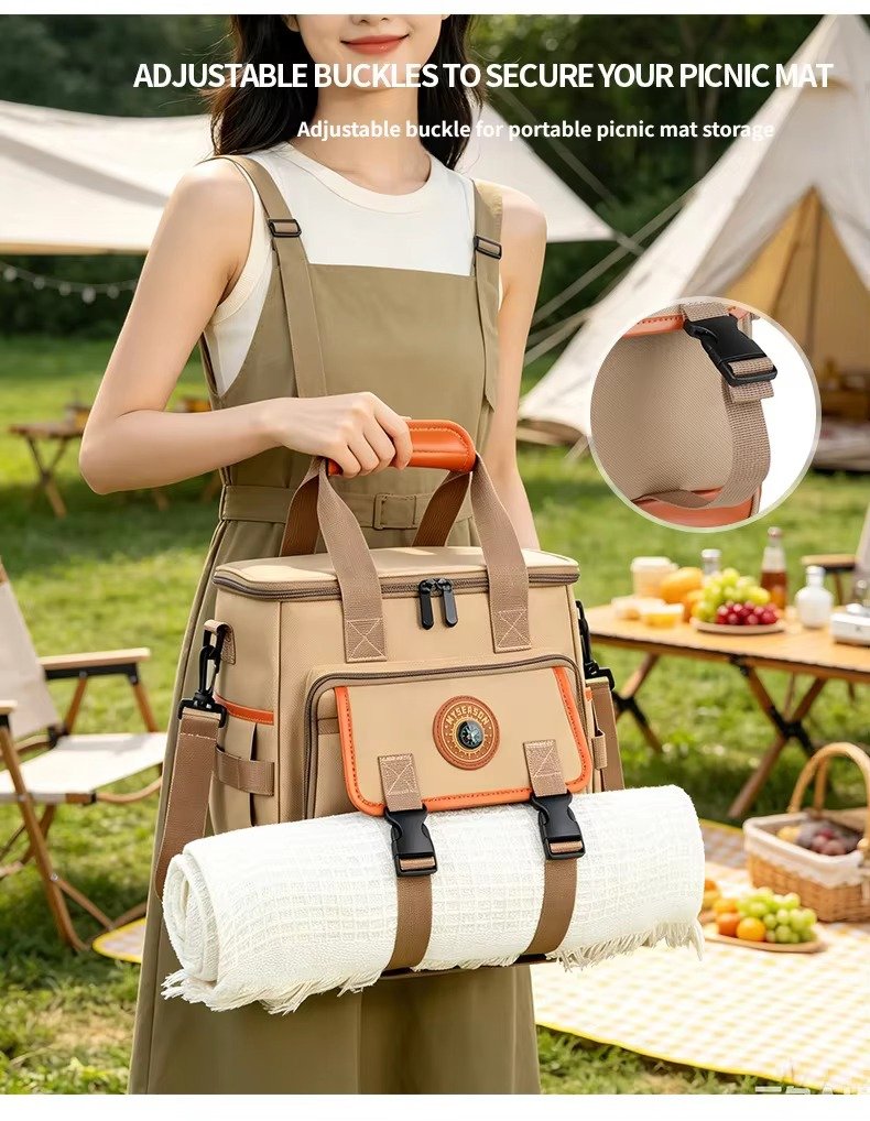 Large Capacity Compass Badge Design Insulated Cooler Lunch Bag with Picnic Mat Strap Thermal Insulated Bag for Picnic Hiking product detail