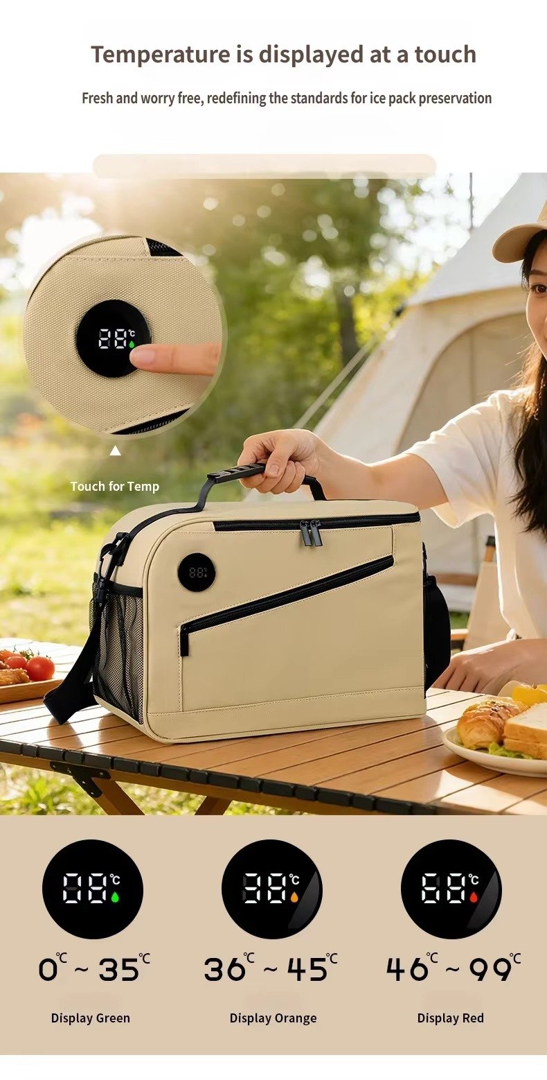 New Custom Smart Temperature Display Thermal Insulated Cooler Bag Waterproof Foldable Large Capacity Camping Picnic Lunch Bag product detail