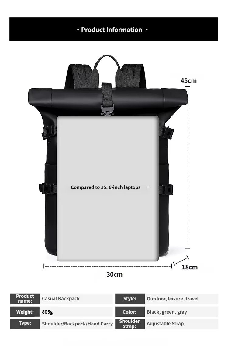 Splash-Proof Roll Top Backpack with 15.6