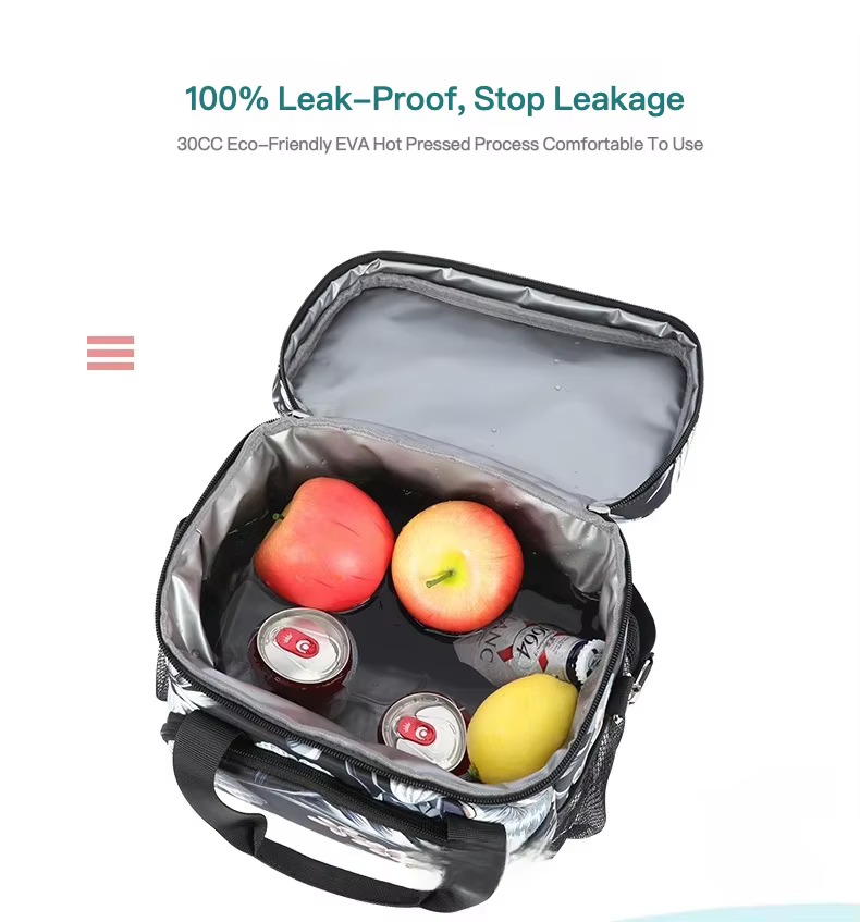 open bag showing leakproof lining with fruit and cans inside