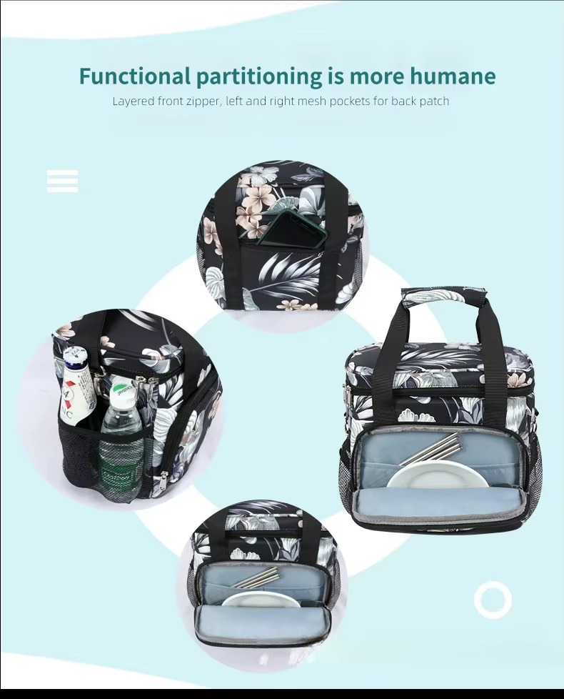 four close-up views of front pocket phone slot side mesh and utensil compartment