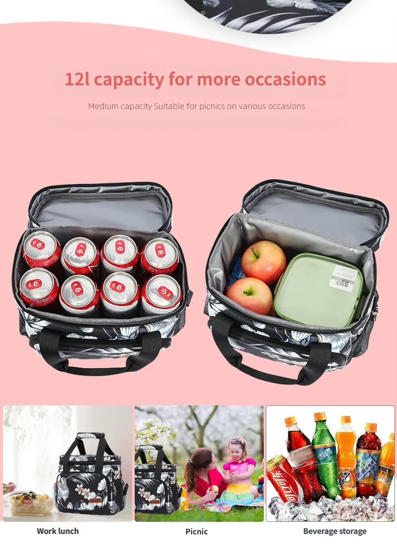 interior packed with eight cans versus fruit and lunch box, 12L capacity