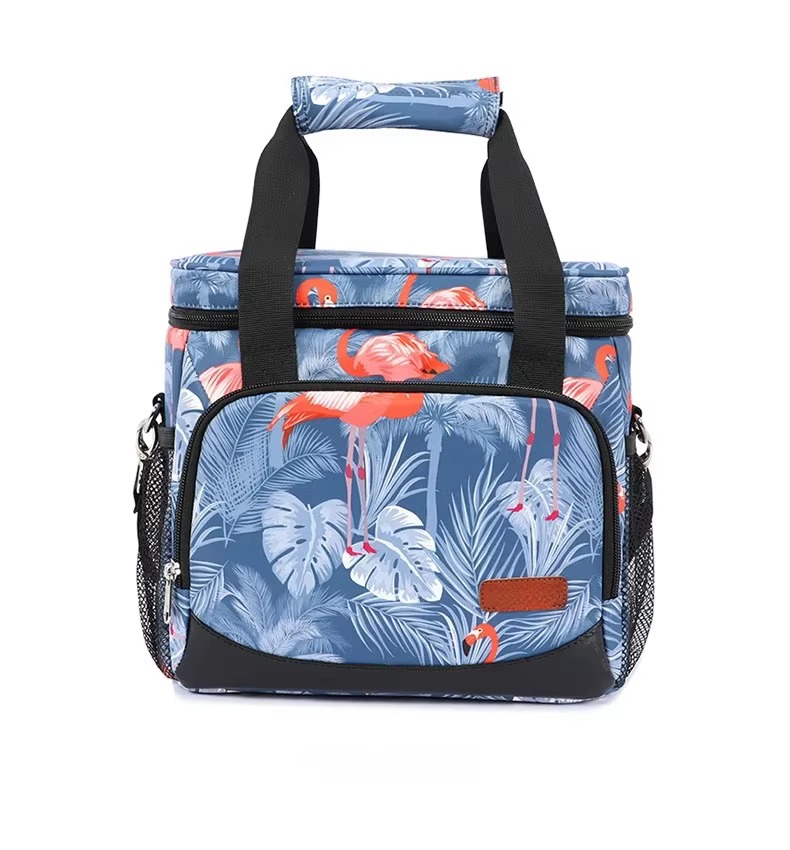 front view of blue flamingo print colorway
