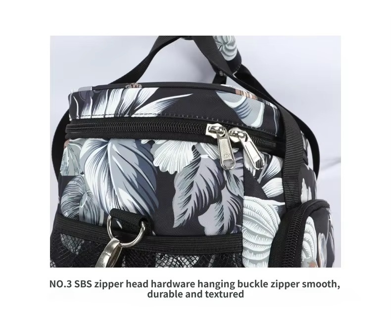 close-up of SBS zipper pulls and hanging buckle hardware