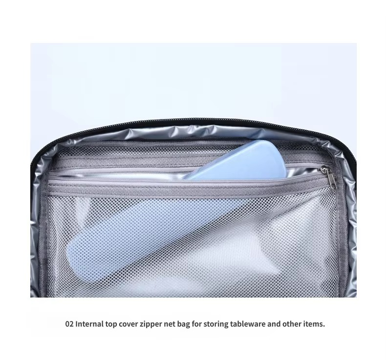 internal top zippered mesh pocket holding tableware