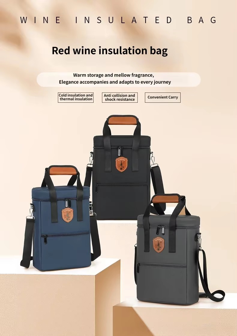 three wine insulated bags in black gray and navy on display blocks