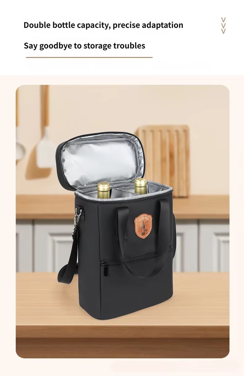 open bag showing two wine bottles fitted in insulated compartment