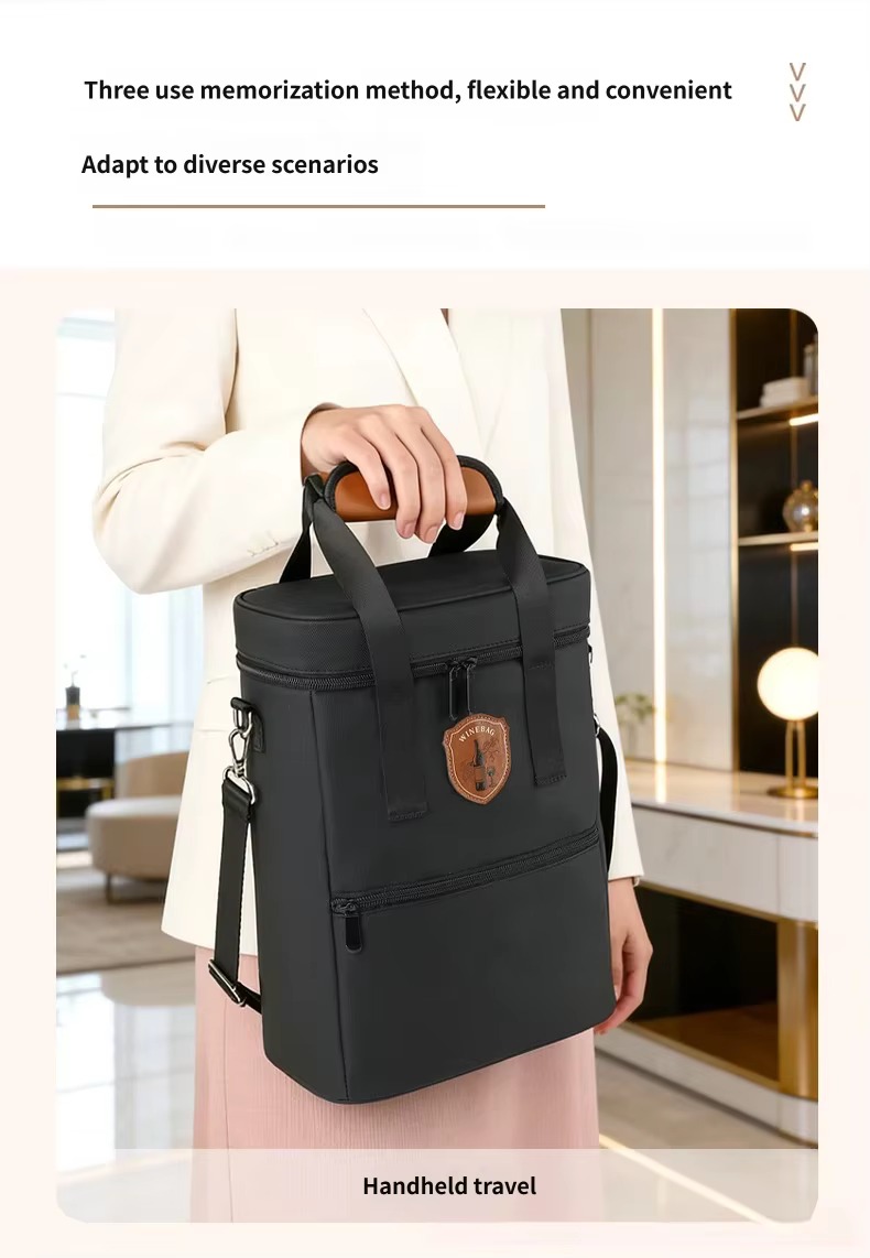 model holding black bag by handle handheld travel caption