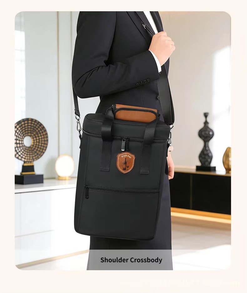 model wearing black bag on shoulder crossbody caption