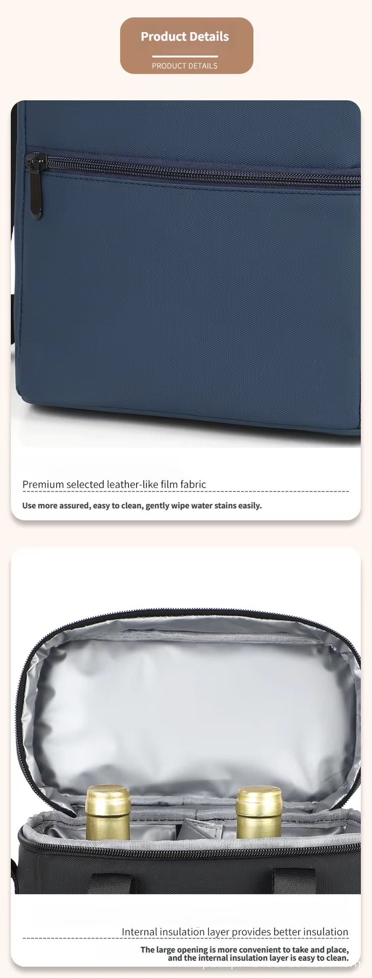 close-up of navy zip pocket and open bag with two bottles insulated interior