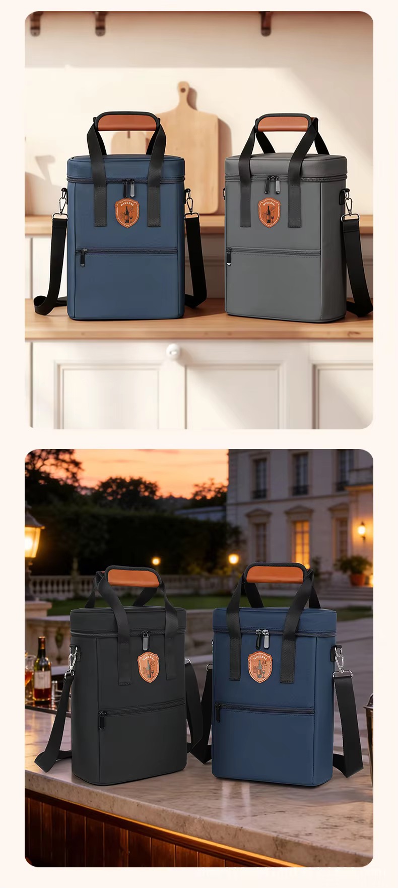 navy and gray bags on kitchen shelf and black and navy bags at dusk courtyard