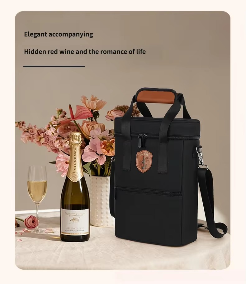 black bag on table beside wine bottle and flowers elegant accompanying caption