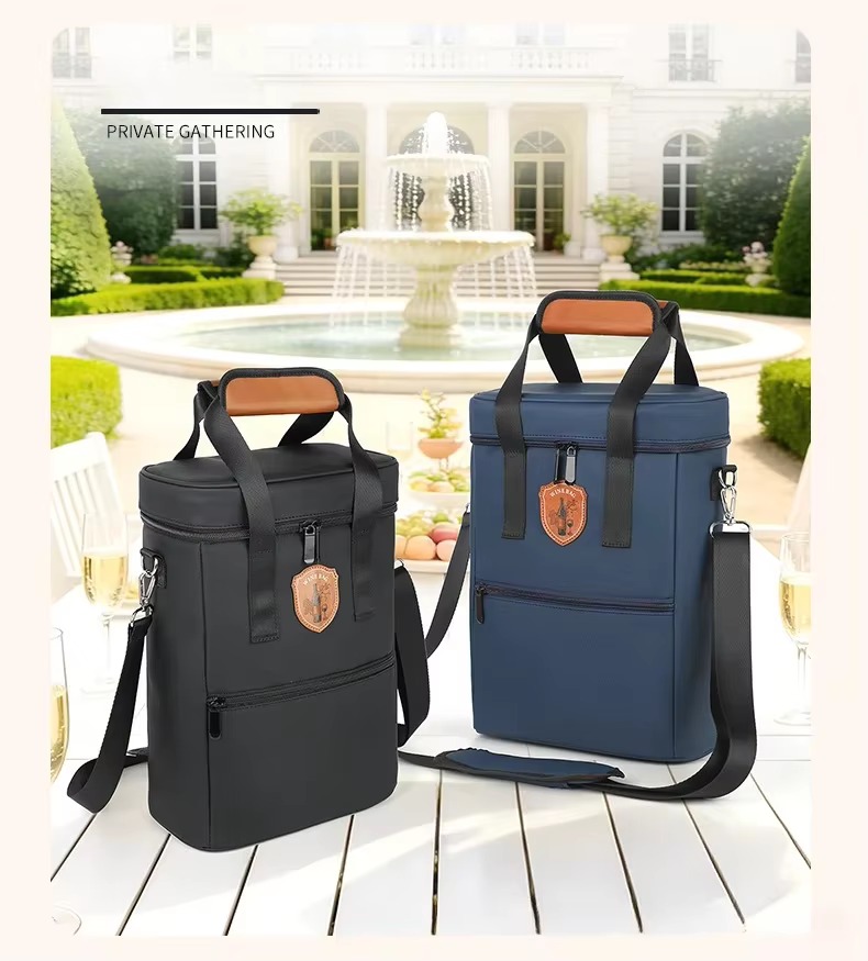 black and navy bags on outdoor table at fountain private gathering caption