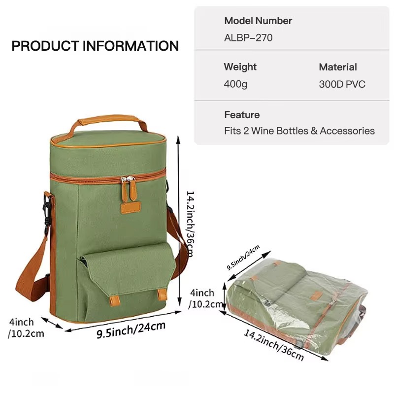 product information panel with model weight material and feature fits 2 wine bottles