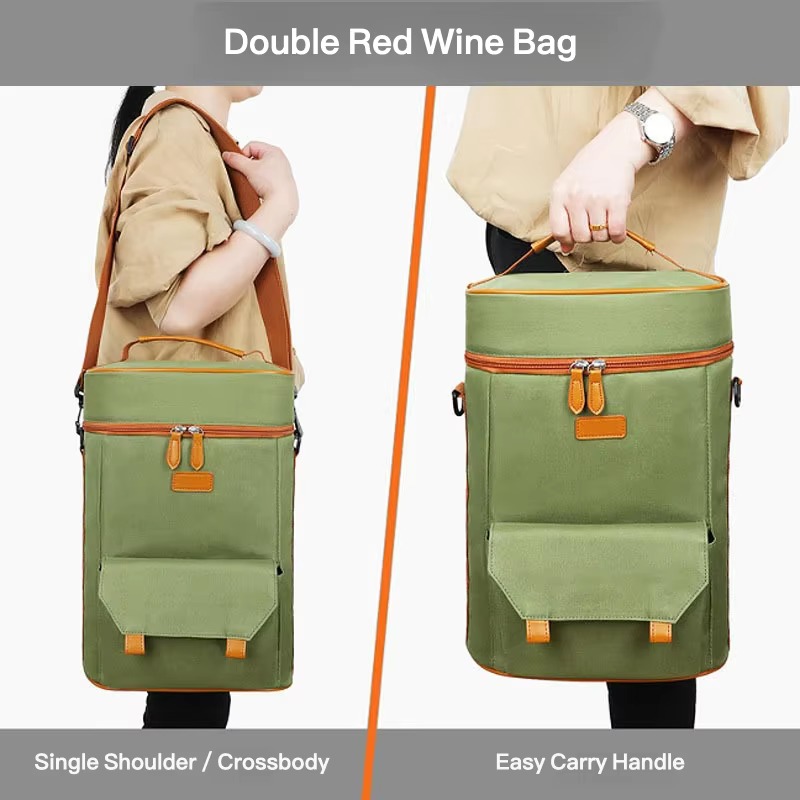 model wearing bag crossbody and carrying by handle double red wine bag caption