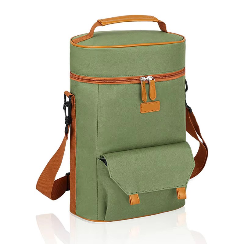 three-quarter view showing zip closure and front flap pocket