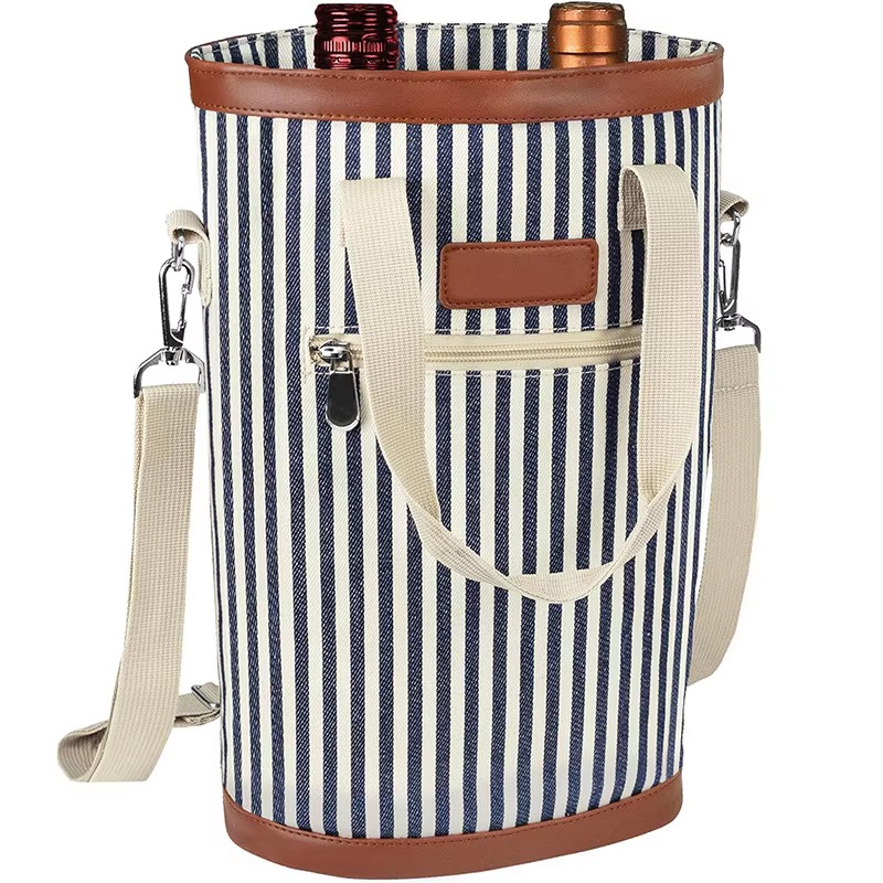 tote with two wine bottles and adjustable shoulder strap extended