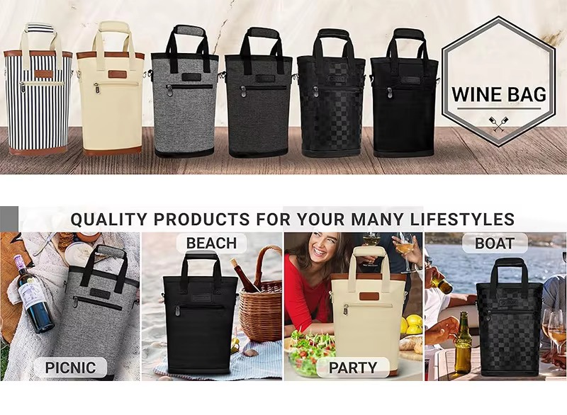 wine bag color lineup shown with beach, party, picnic, and boat lifestyle scenes