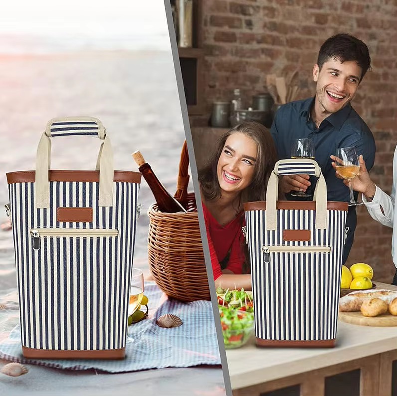 striped wine tote in beach and kitchen party lifestyle settings
