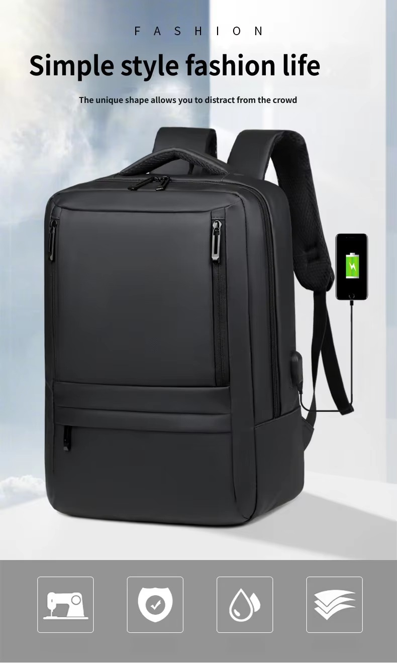 backpack with USB charging cable connected to a phone