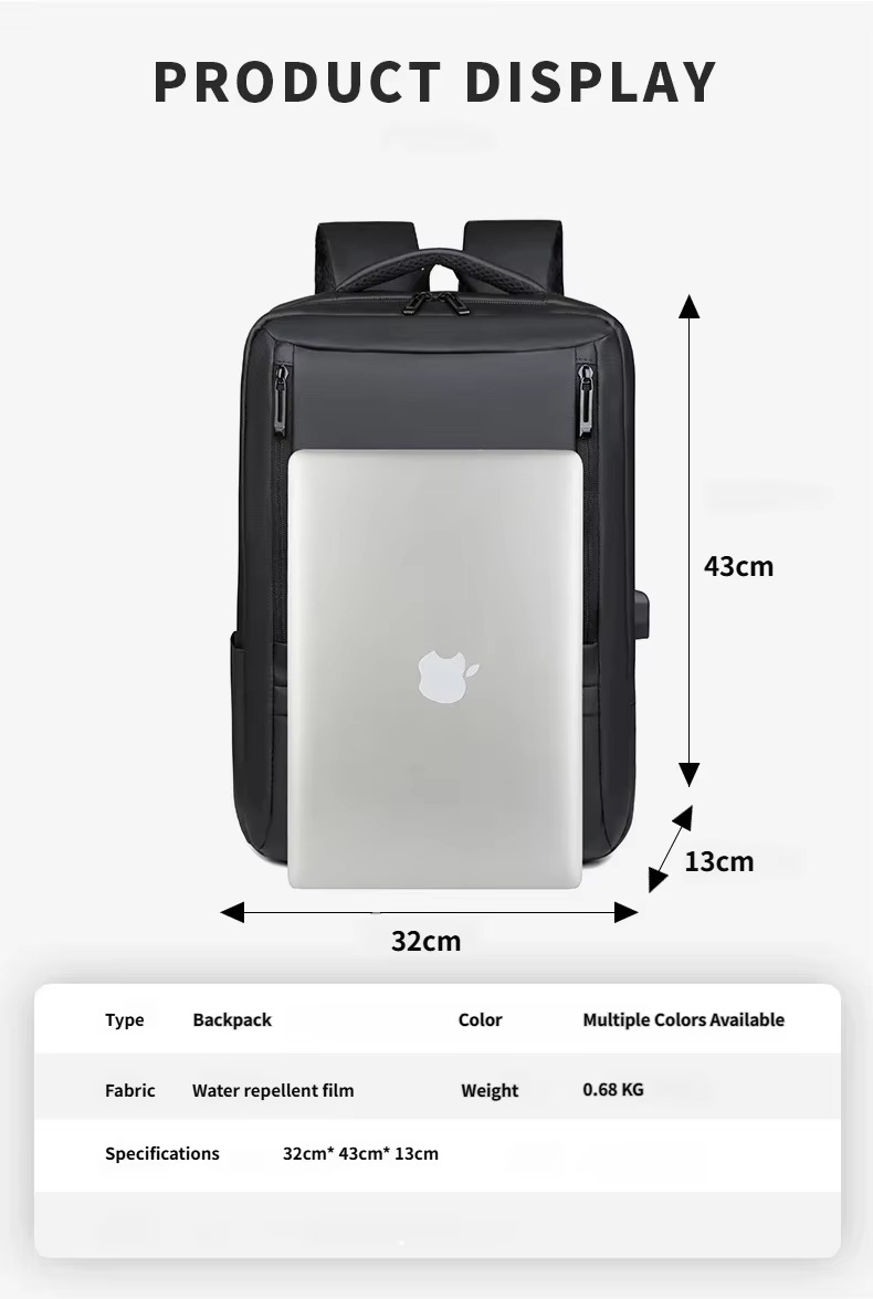 product dimensions 32 by 43 by 13 cm with laptop shown inside front pocket