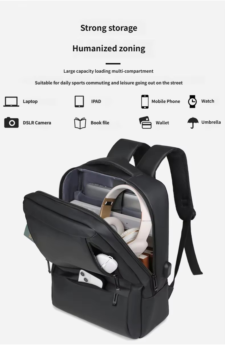 open main compartment packed with headphones, book, and phone