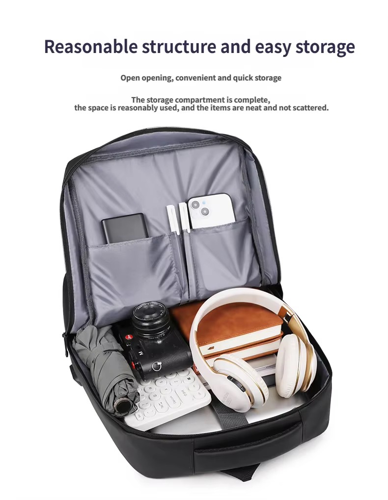 interior organizer pockets holding power bank, pens, and phone