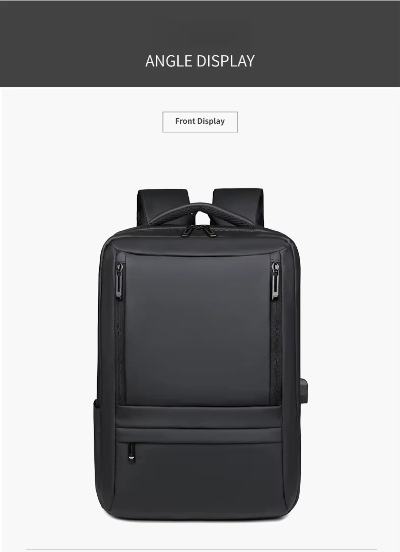 black backpack front angle display