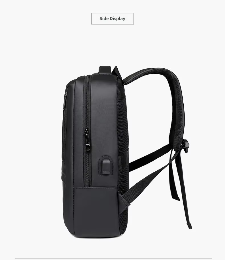 black backpack side display showing USB port and straps