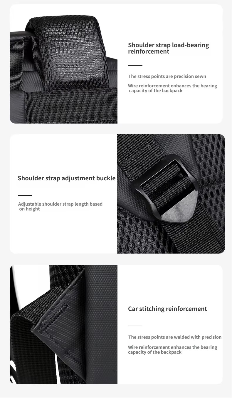 shoulder strap reinforcement, adjustment buckle, and stitching close-up
