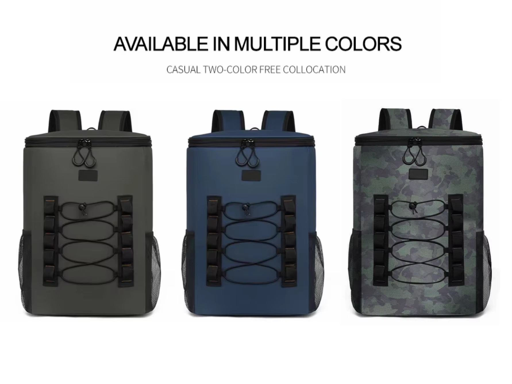 available in multiple colors, green, navy, and camouflage side by side