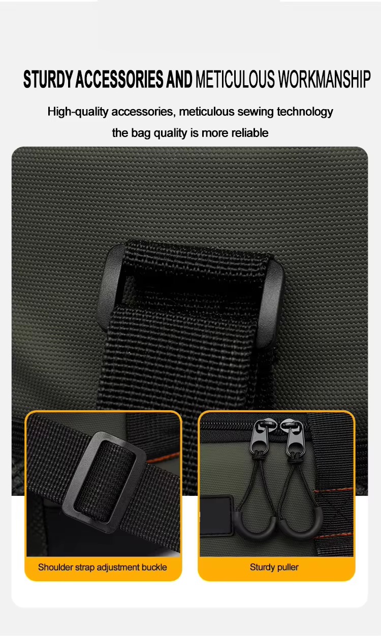 shoulder strap adjustment buckle and zipper puller hardware close-up