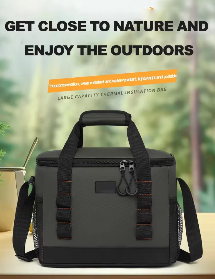 front view of gray-green insulated bag with double handles and side mesh pocket