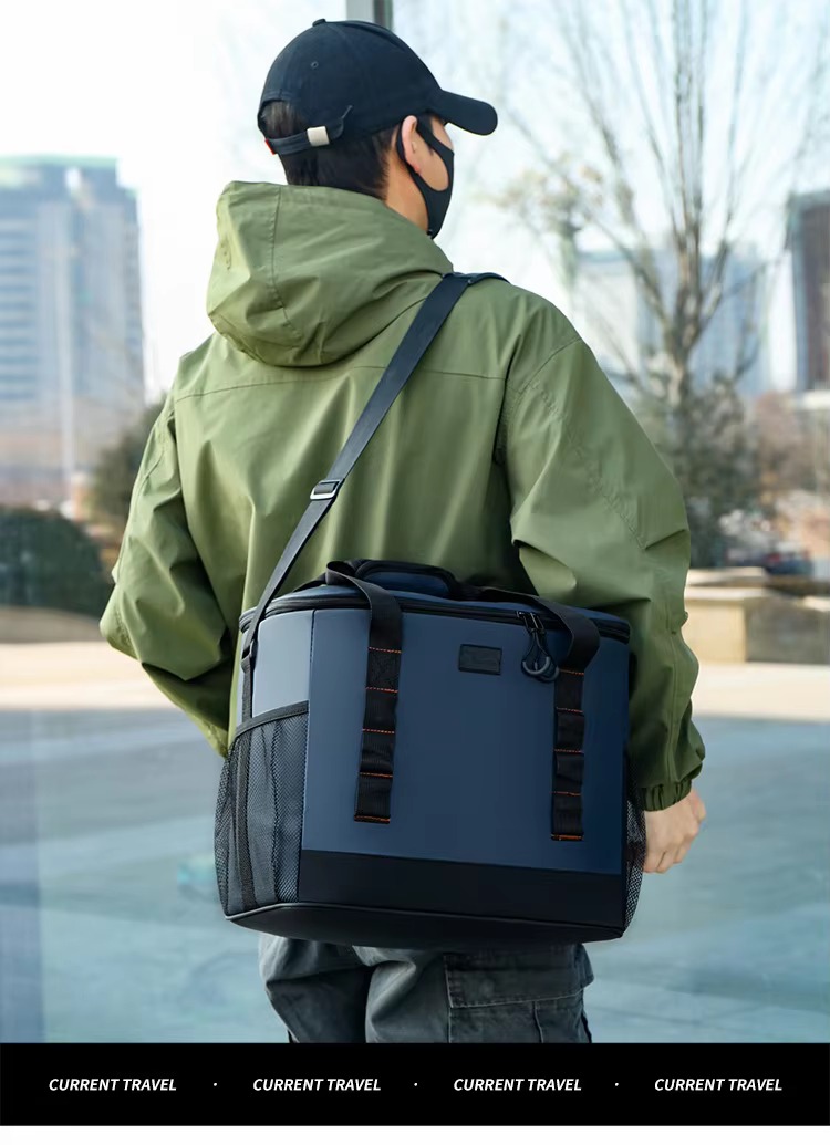 man wearing navy blue bag as backpack from behind