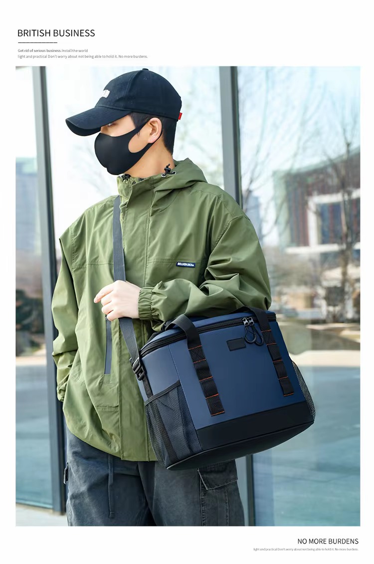 man wearing navy blue bag crossbody style outdoors
