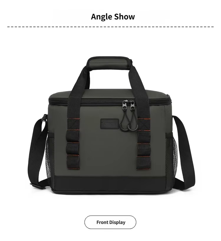 front angle display of gray-green cooler bag