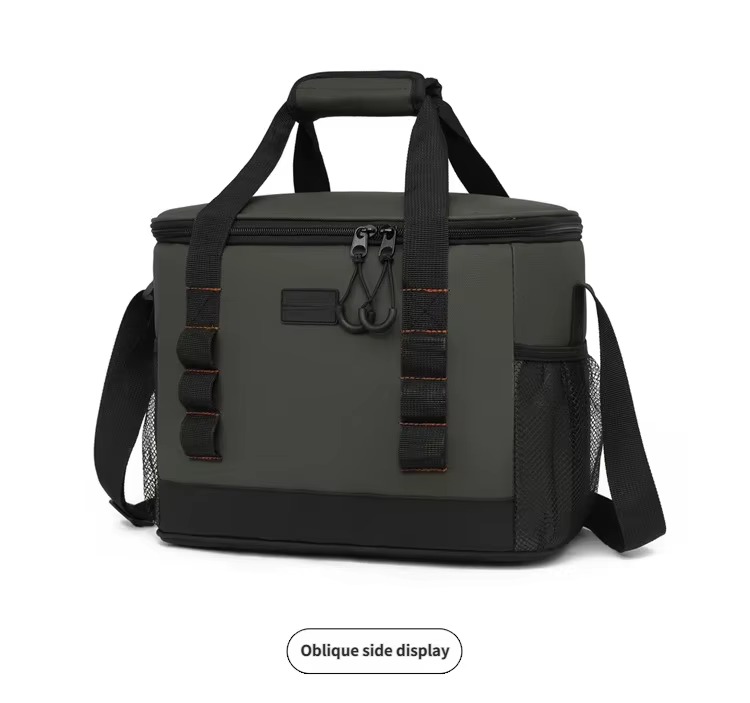 oblique side angle display of gray-green cooler bag