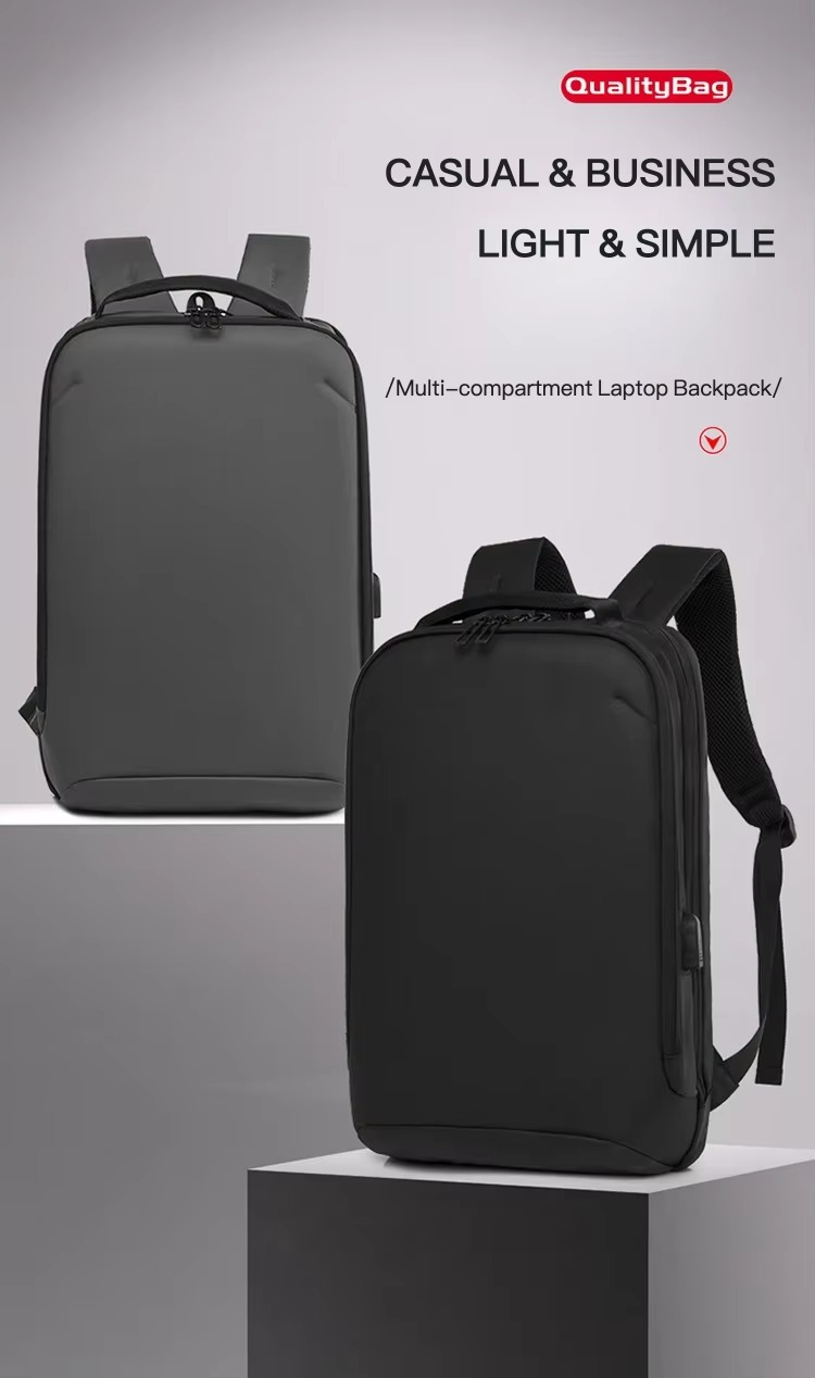 gray and black backpack pair labeled casual and business, light and simple