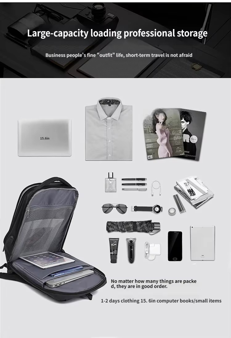 flat lay of backpack with laptop, shirt, and travel essentials