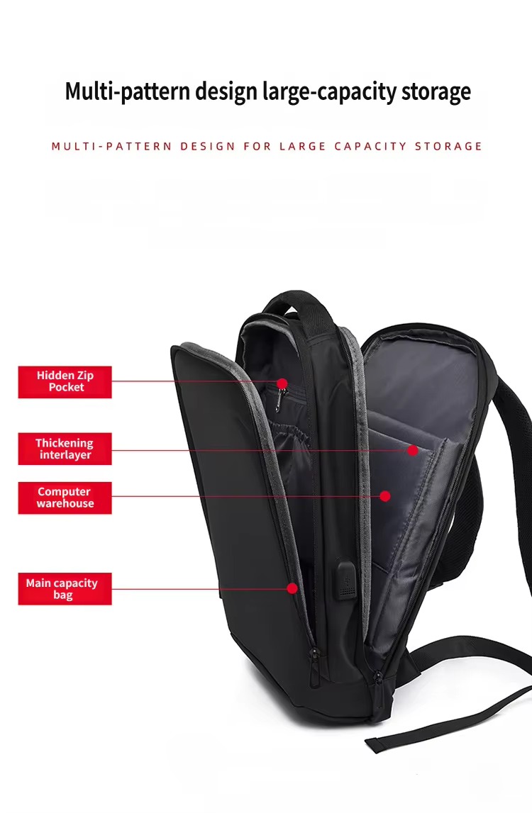 open front pocket showing hidden zip pocket and computer compartment layers