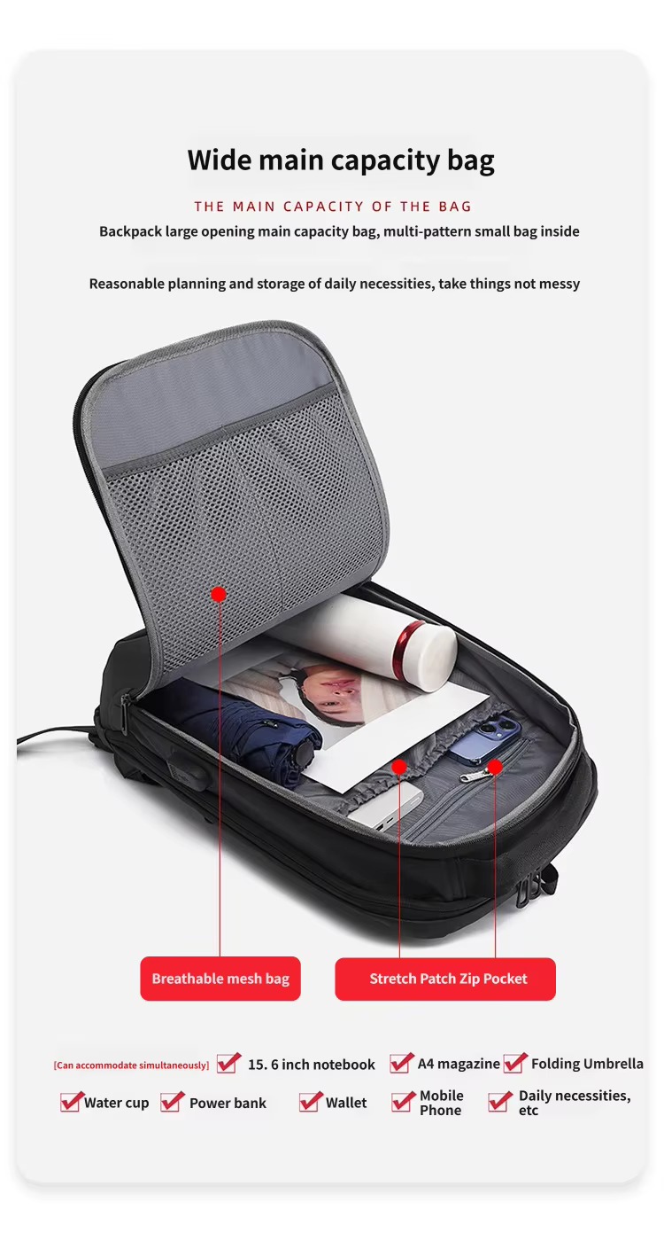 open main compartment with mesh pocket and stretch zip pocket packed with items